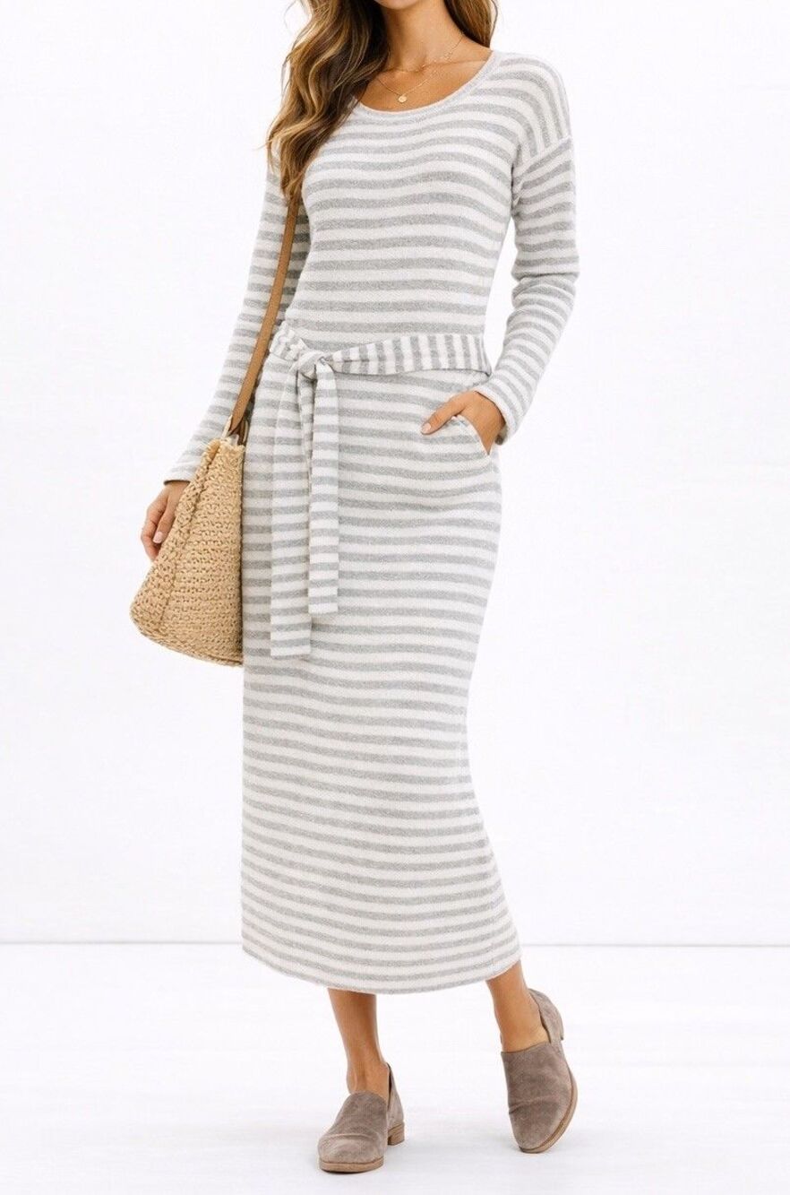 Madewell Medium Gray Cream Striped Sweater Dress Tie Waist Long Sleeve Knit Midi